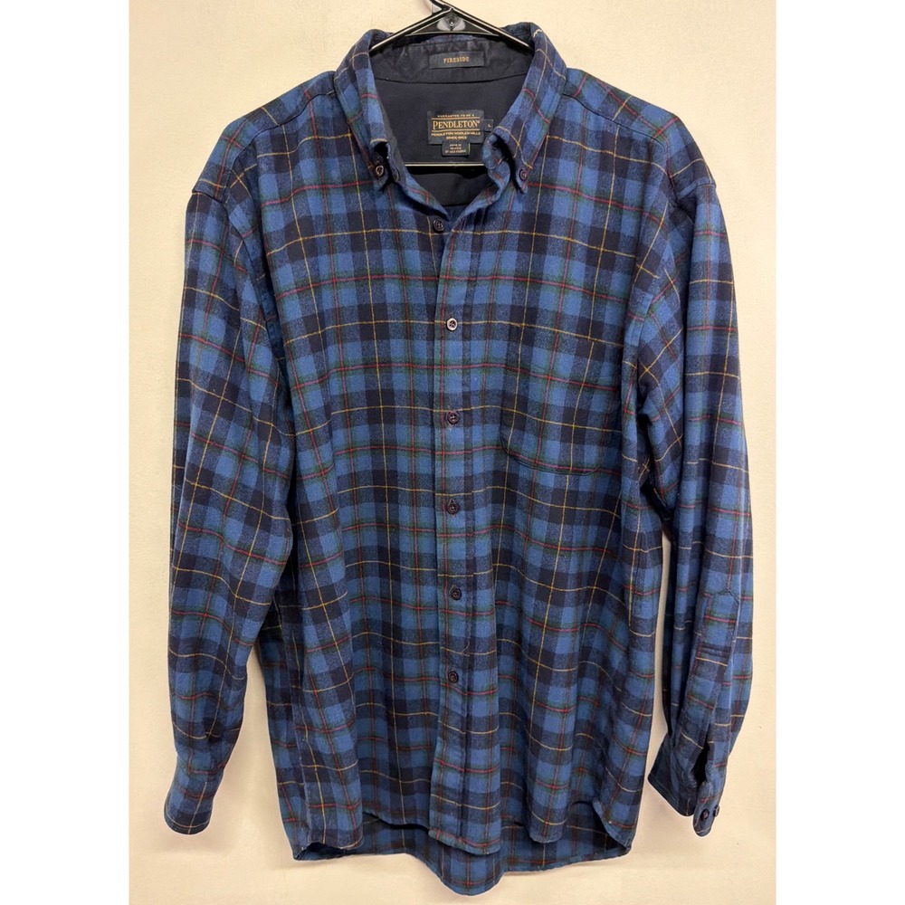 Pendleton Fireside Mens Large Blue Plaid 100% Virgin Wool Button Down Shirt L